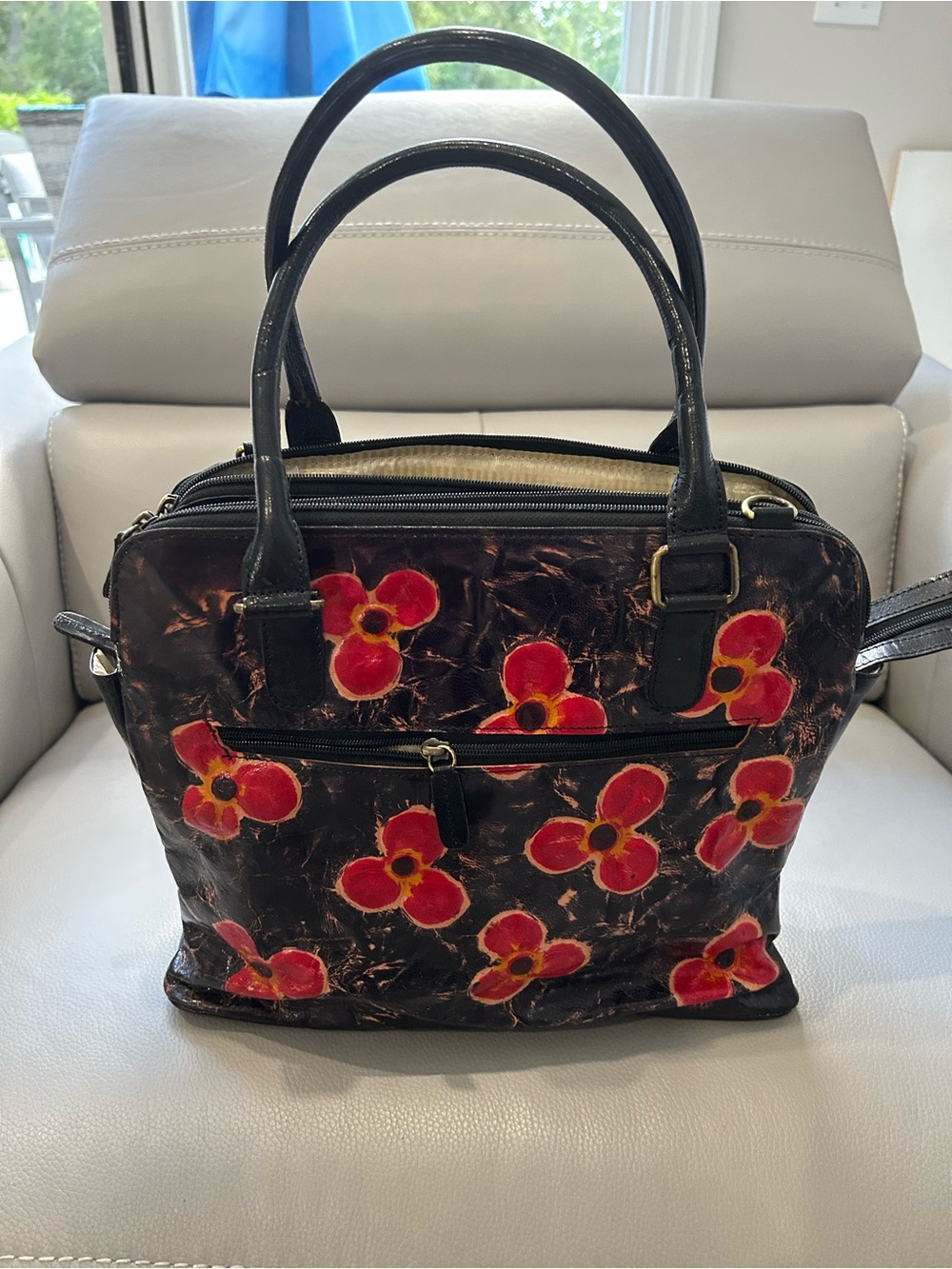 Hand-Painted Floral Black Leather Tote Bag - Red Flower Accent